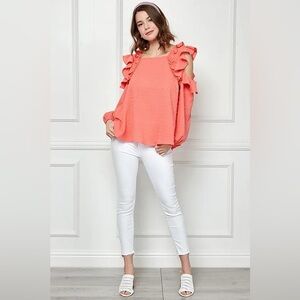 Lime 'N' Chili Ruffle Trim Cold Shoulder Swiss Dot Blouse